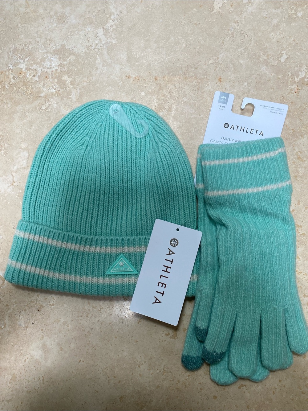 Athleta Kids Mint & Cream Striped Knit Beanie with Matching Gloves Set